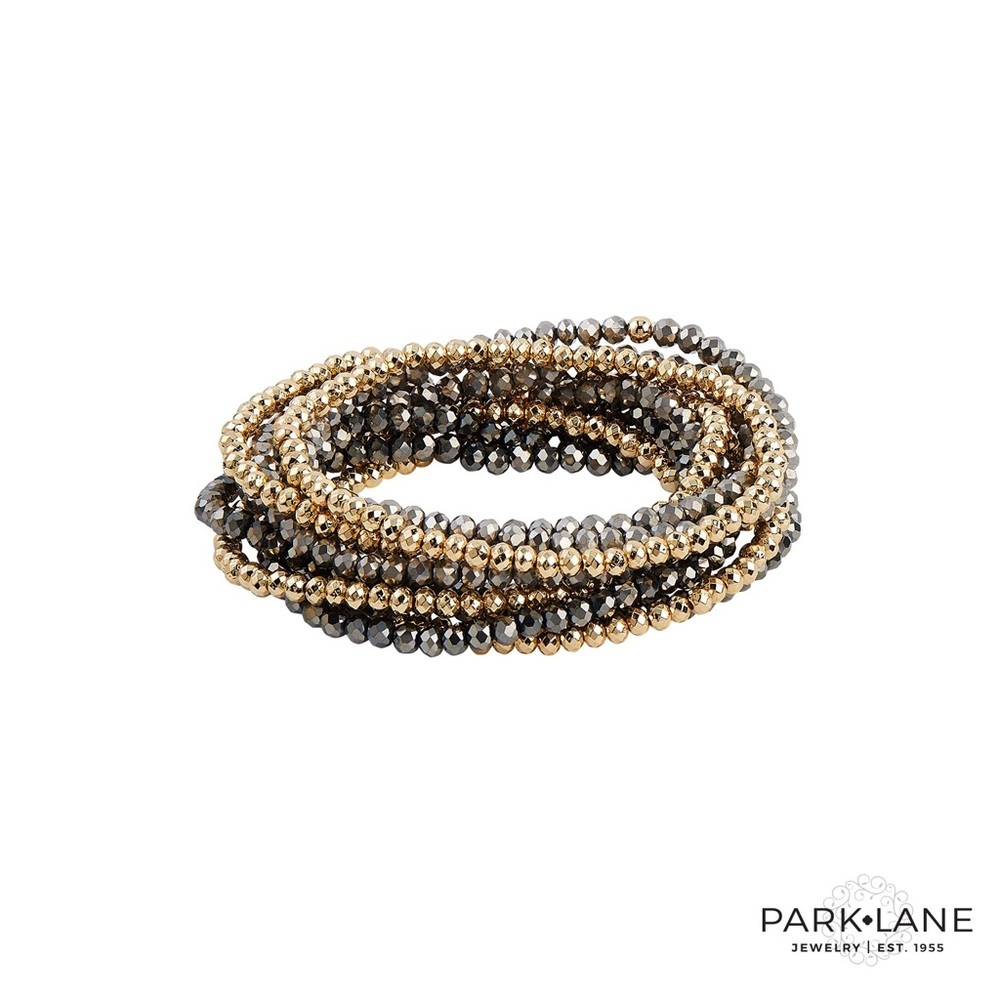 Park Lane Zoe Gold, Gray, Gunmetal Layered Beaded Stretch Bracelet Set, New